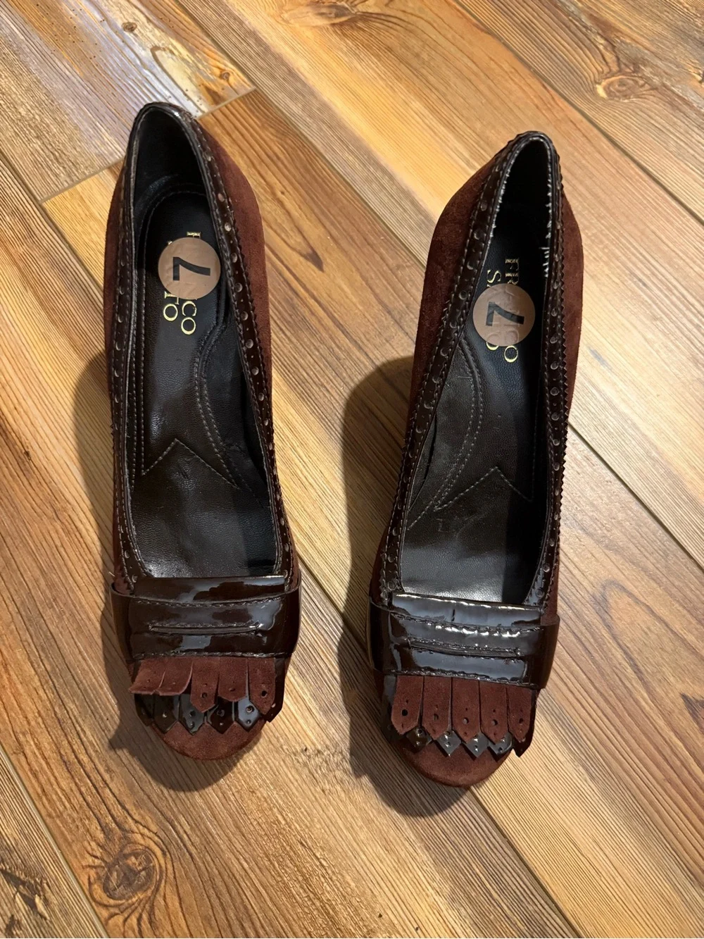 Franco Sarto Brown Suede & Patent Leather Kiltie Heels